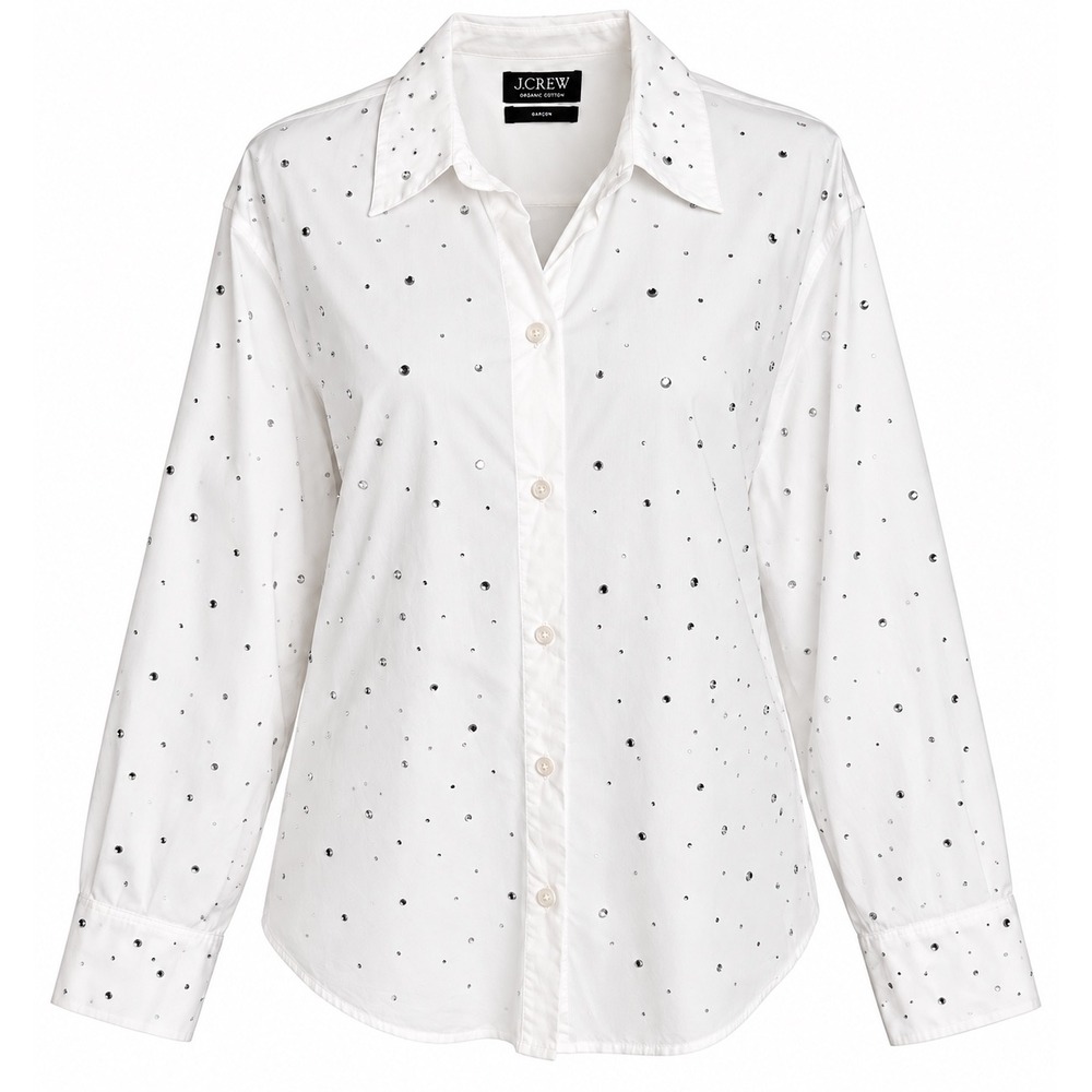 J Crew Shirt L White Garcon Rhinestone Button Down Holiday Glam Oversized Chic